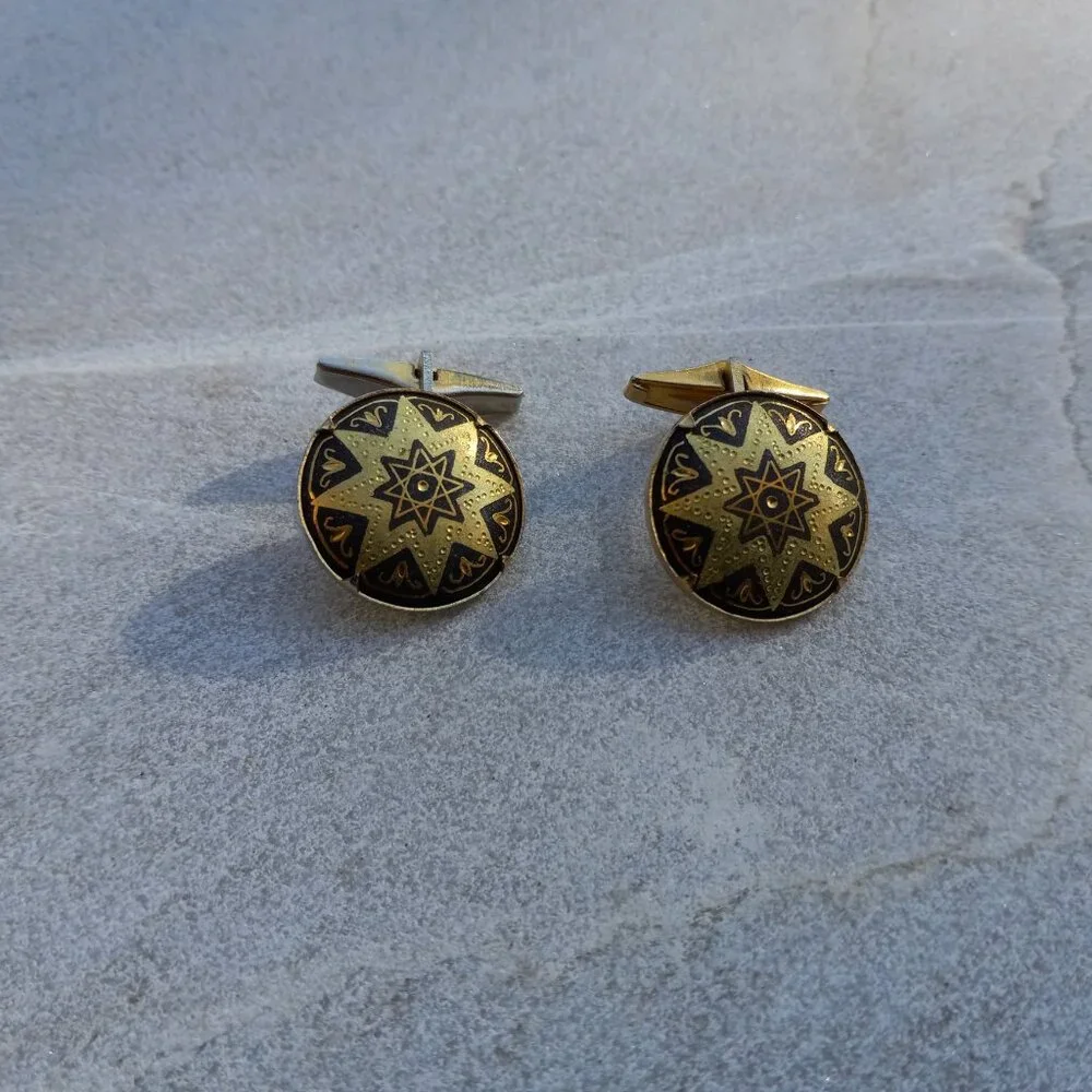Spanish Damascene Octagram Cufflinks ~ Black & Gold